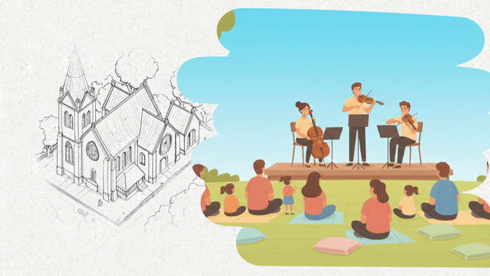 KI generiertes Bild. Eine gezeichnete Kirche auf der einen Seite, Menschen auf einer Wiese sitzend vor einem Konzert auf der anderen Seite